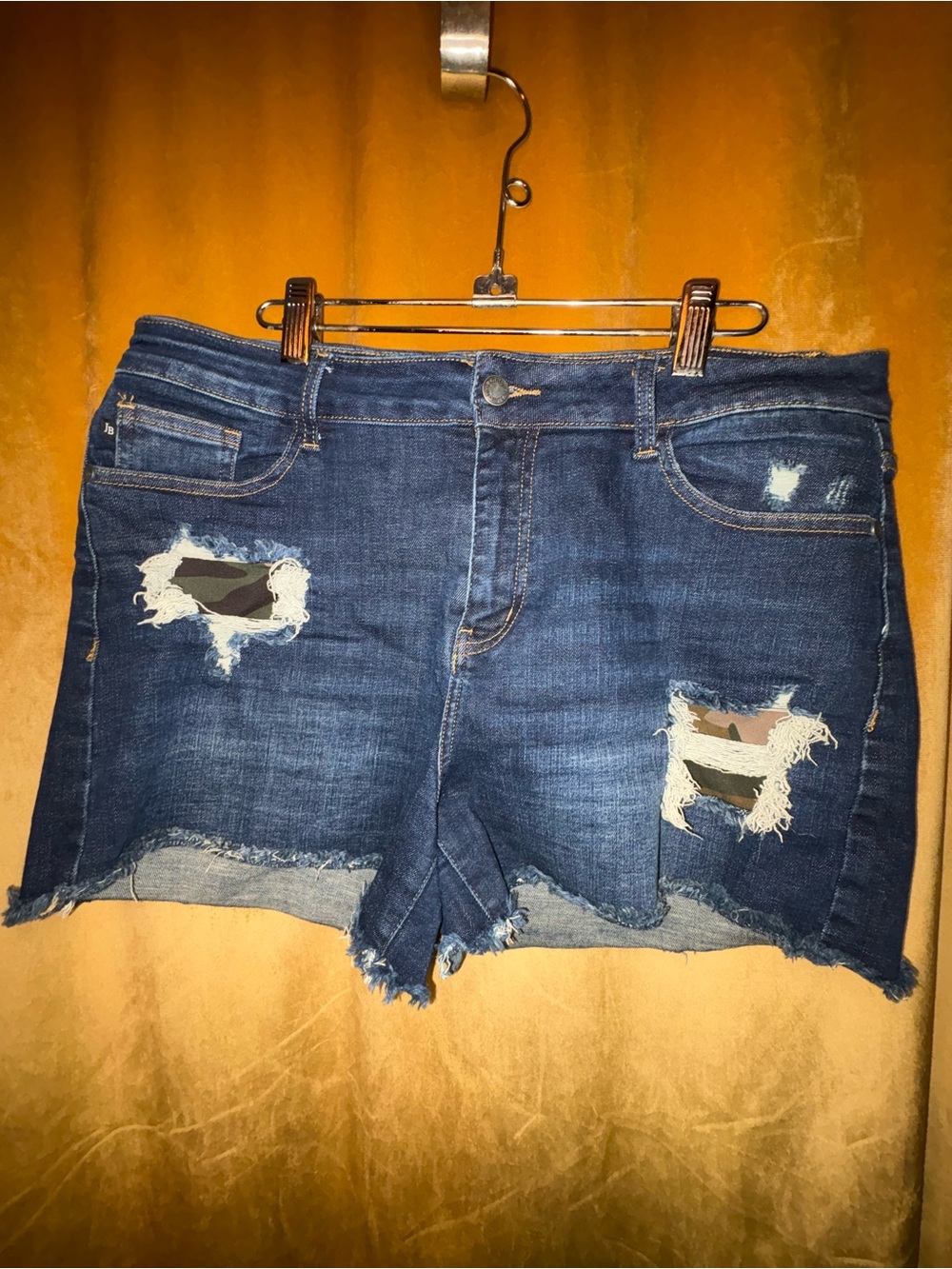 Judy Blue Dark Blue Distressed Denim Shorts with Camo Patch